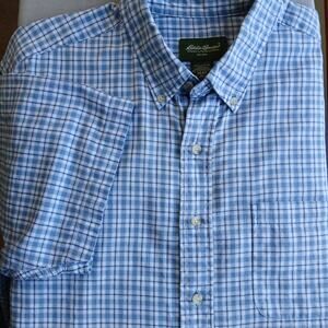 Eddie Bauer Short-Sleeve Button-Up Shirt Men's XL blue checks plaid cotton